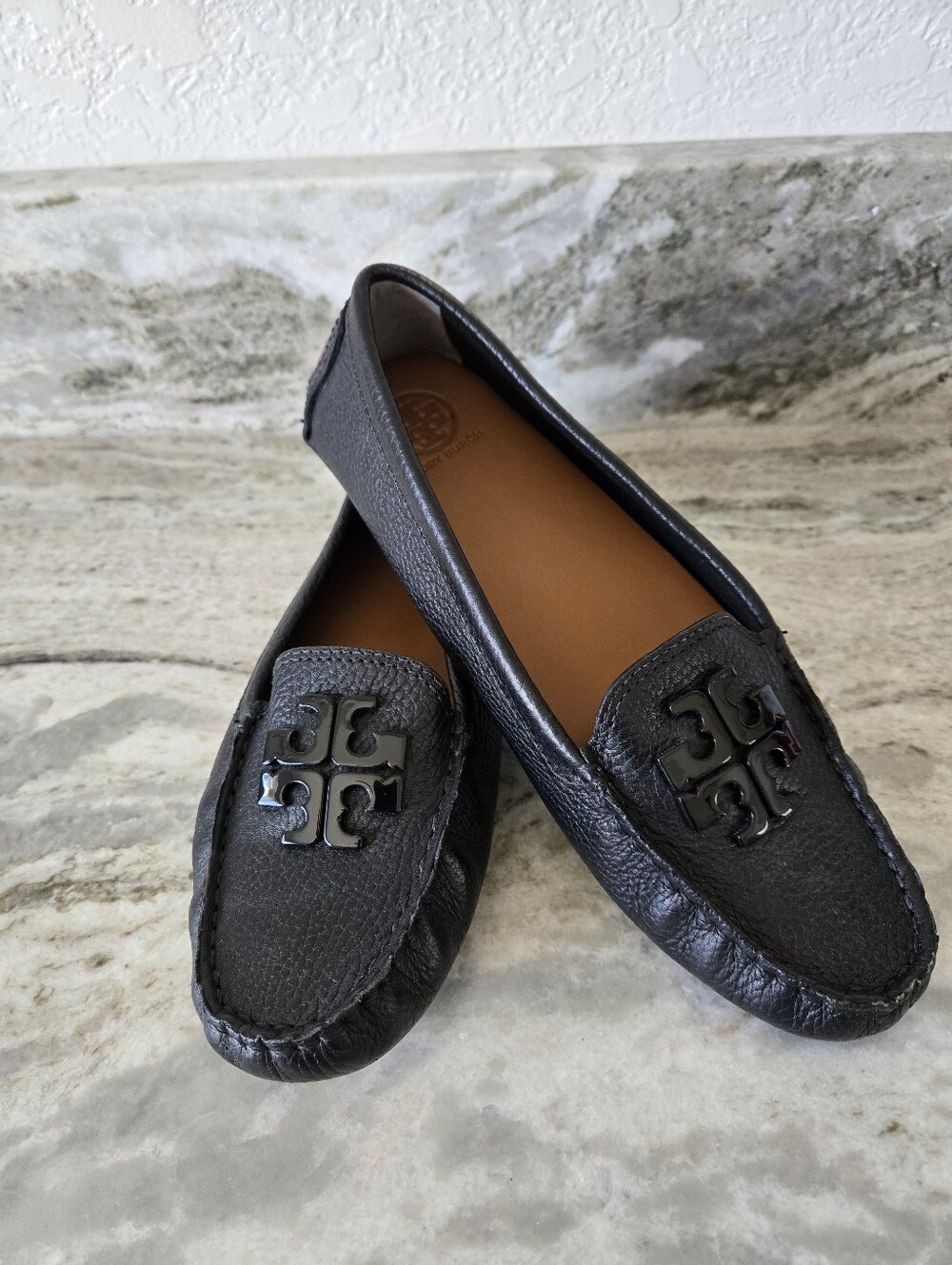 Tory Burch Black Pebbled Leather Logo Driving Loafers
